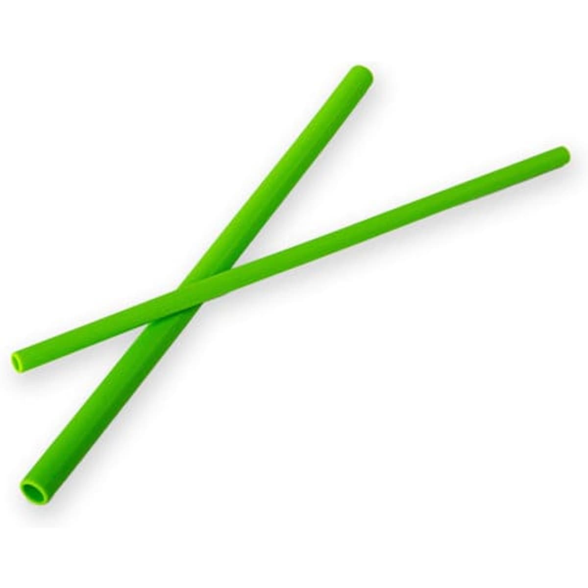 Two vibrant green silicone drinking straws are crossed over each other against a light background.