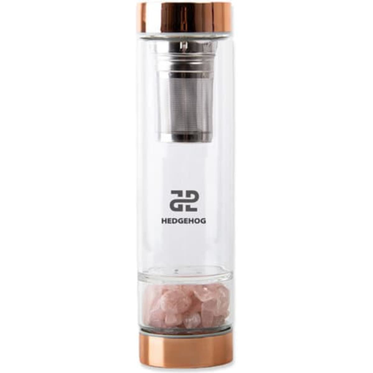 A drink bottle made of crystal glass with a rose gold lid and a tea infuser, featuring pink crystals inside.