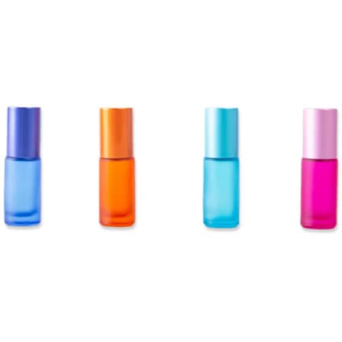 Four frosted glass roll-on bottles in blue, orange, aqua, and pink; each with a matching coloured cap.