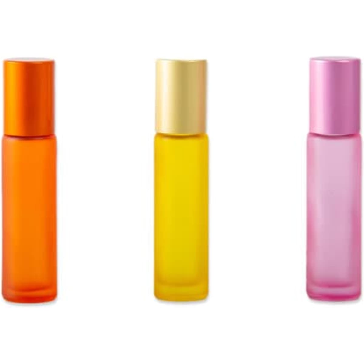 A set of three 10ml frosted glass roll-on bottles in orange, yellow, and pink, each with a matching cap.