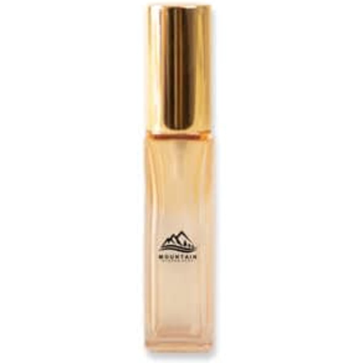 A 10ml square spray bottle in clear glass with a gold spray nozzle and a logo.