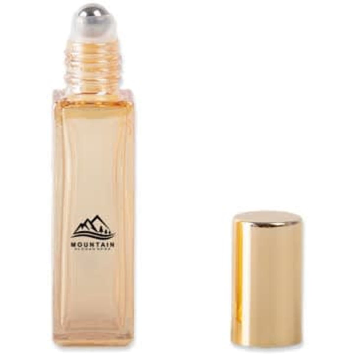 A 10ml square roll-on bottle with a golden cap and a clear, amber-tinted body, featuring a logo.