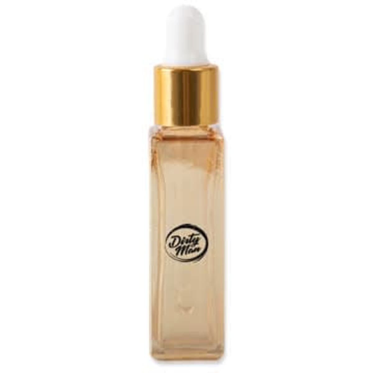 A 10ml square dropper bottle in clear glass with a gold lid and a white dropper. It features a logo on the front.