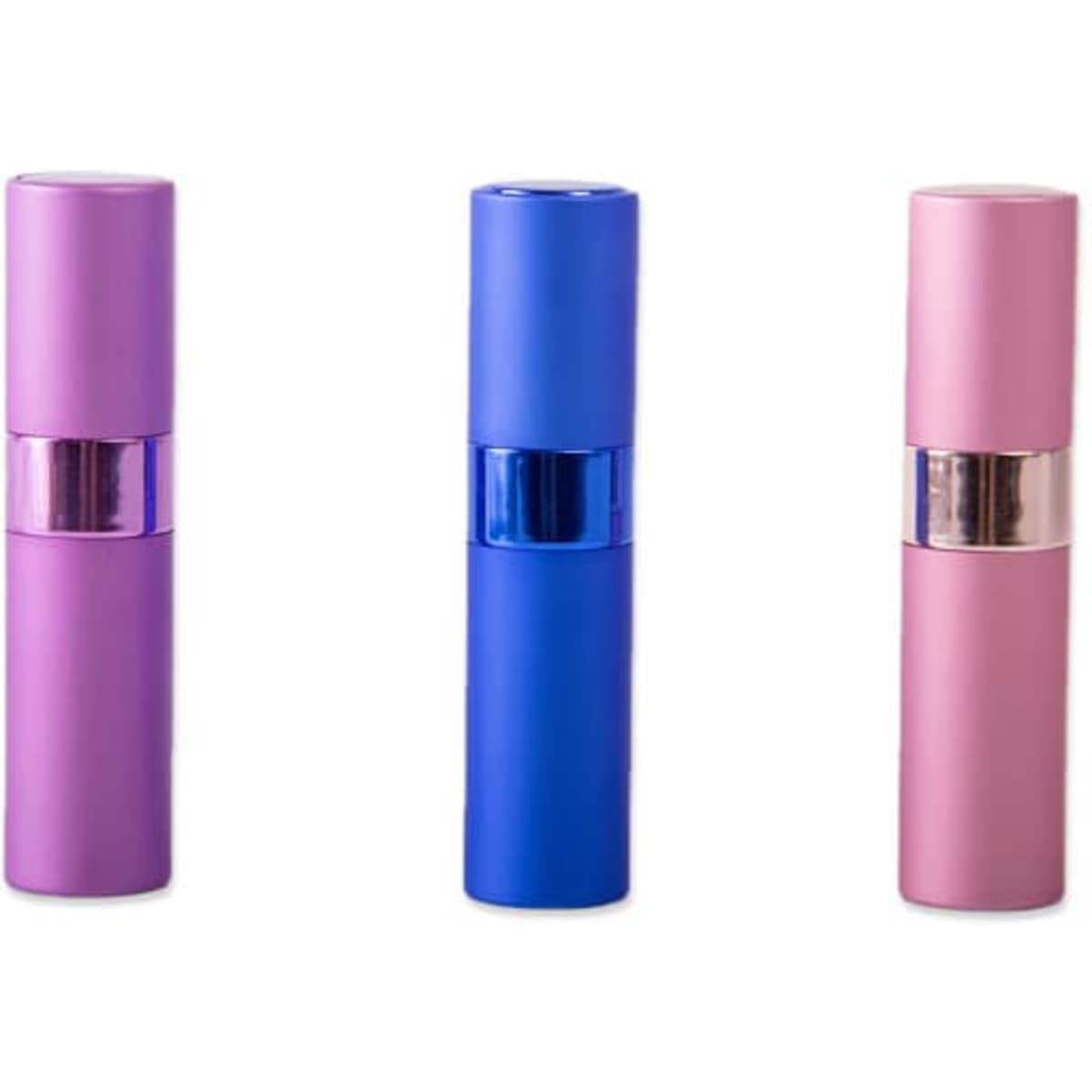 Three rotary spray perfume bottles in pink, purple, and blue, each with a metallic accent.