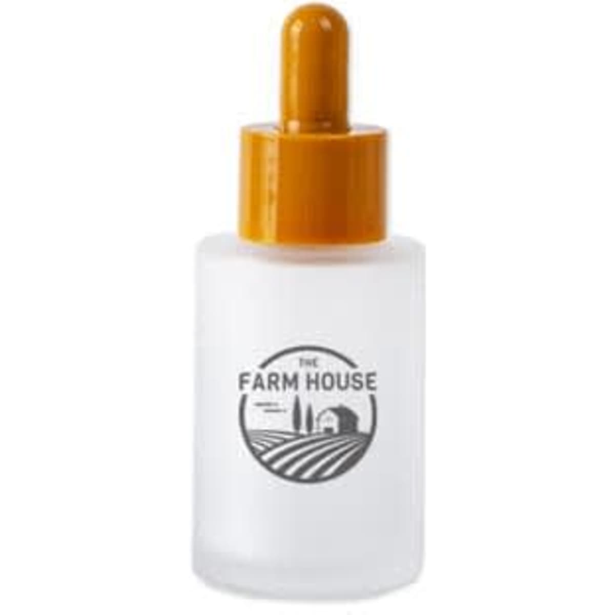 A frosted glass dropper bottle with an orange lid and a logo featuring a farm landscape.