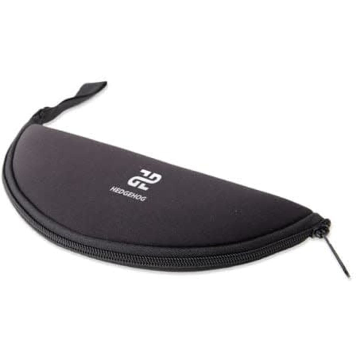 A black travel mouse pad pouch with a zip closure and a logo. Compact design for easy storage and transport.