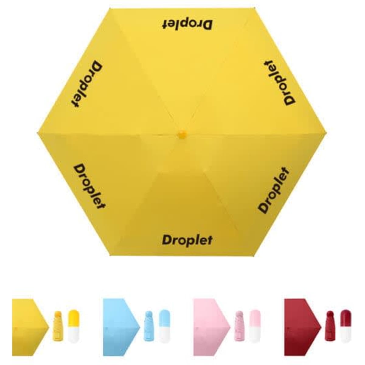 A yellow mini UV protective umbrella with a capsule case, displayed alongside three additional colour options: blue, pink, and red.