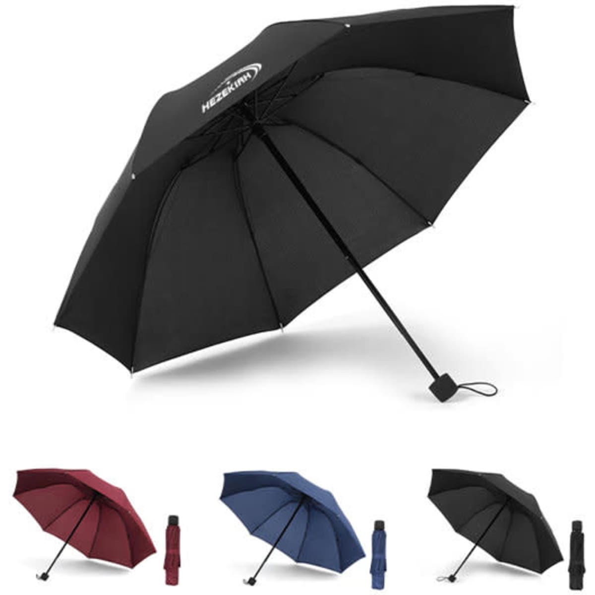 A tri-fold windproof umbrella in black, with a handle and a logo, accompanied by red, blue, and black versions.