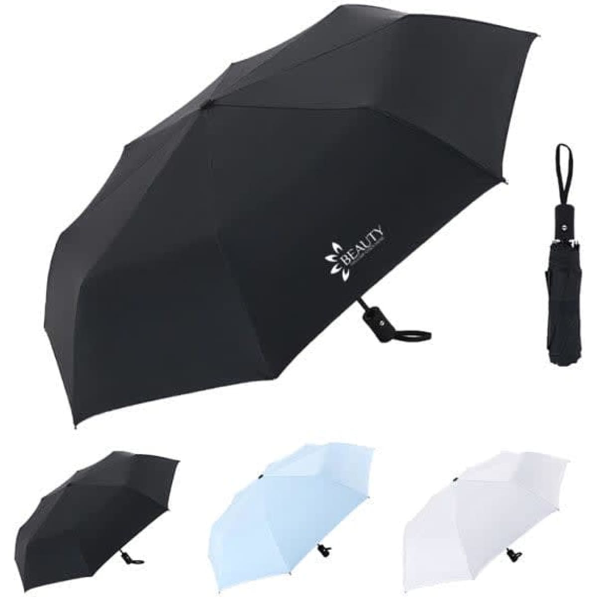 A black automatic UV protective umbrella with a compact carrying case, featuring a logo. Also available in white and light blue.