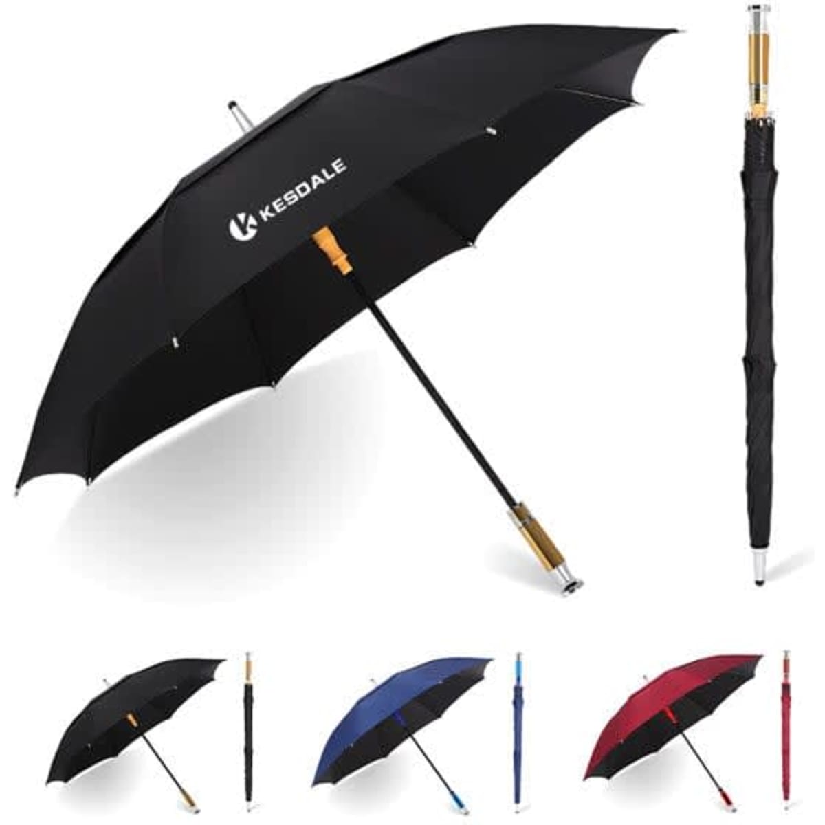 A large automatic golf umbrella in black, featuring a branded logo, with additional colour options displayed.