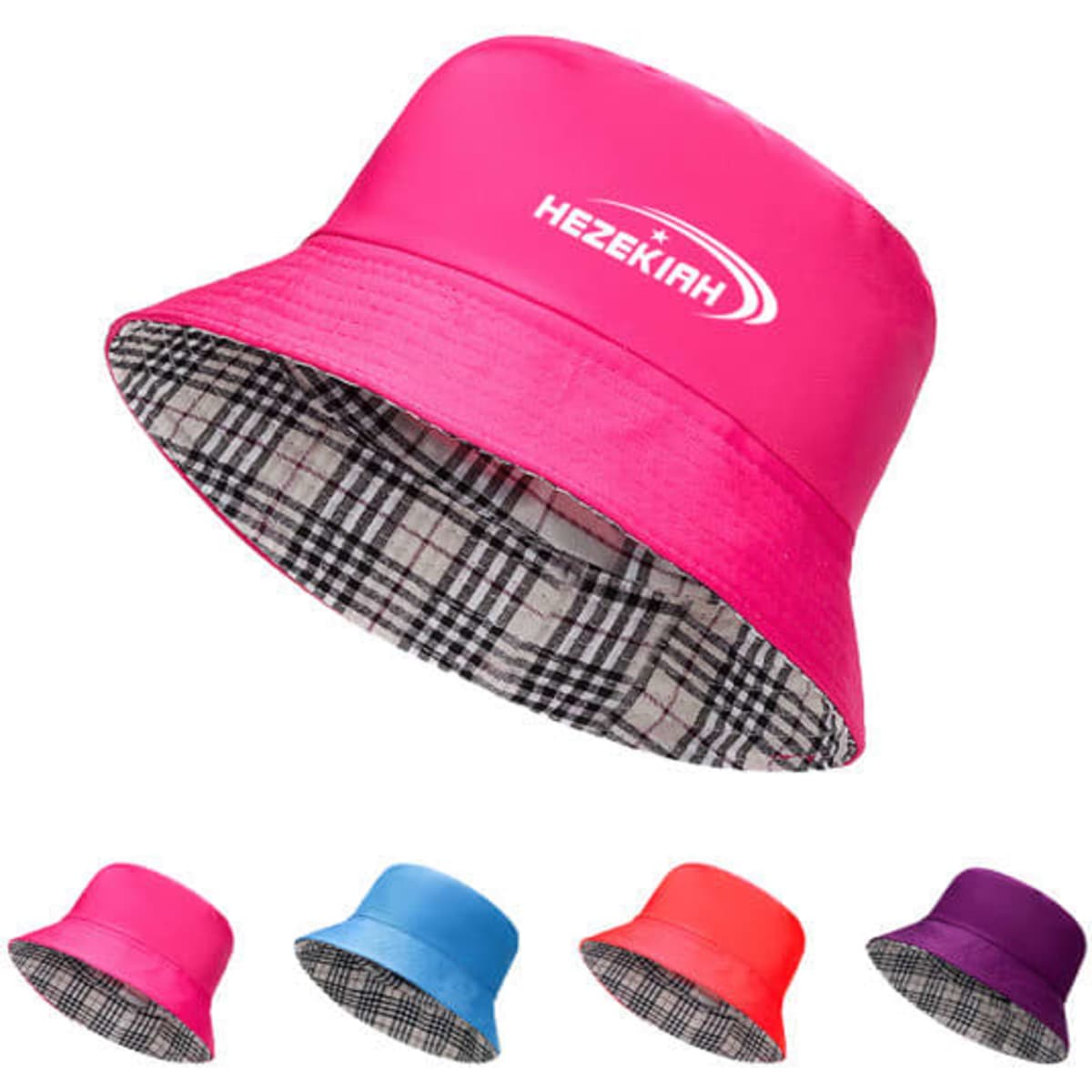 A stylish double-sided bucket hat in bright pink, featuring a checkered interior, with additional colours displayed below.