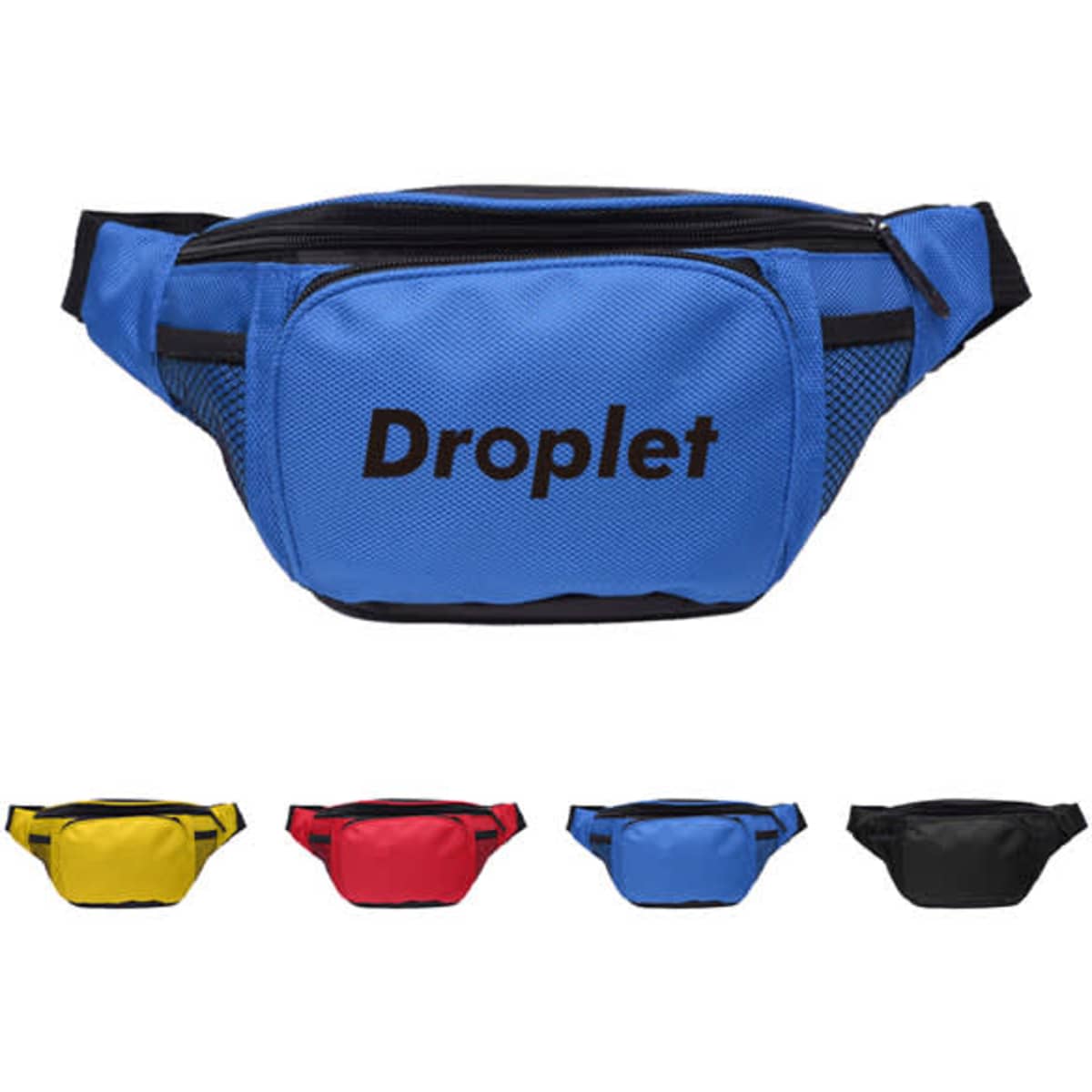 A blue waterproof nylon waist bag with a mesh pocket and a logo, displayed alongside yellow, red, and black options.