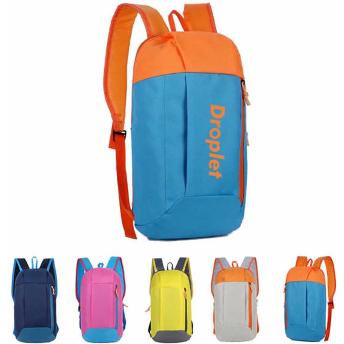 A blue and orange hiking backpack with adjustable straps and a front pocket, featuring a logo on the side.
