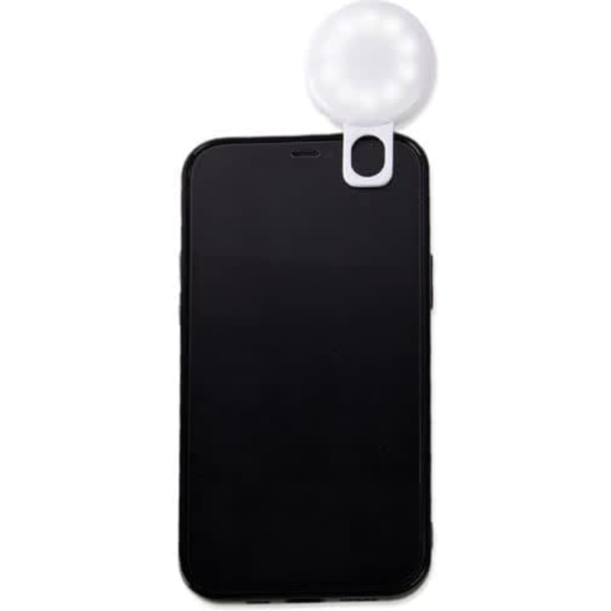 A black smartphone with a white mini selfie fill light attached to the top. The device has a simple, compact design.