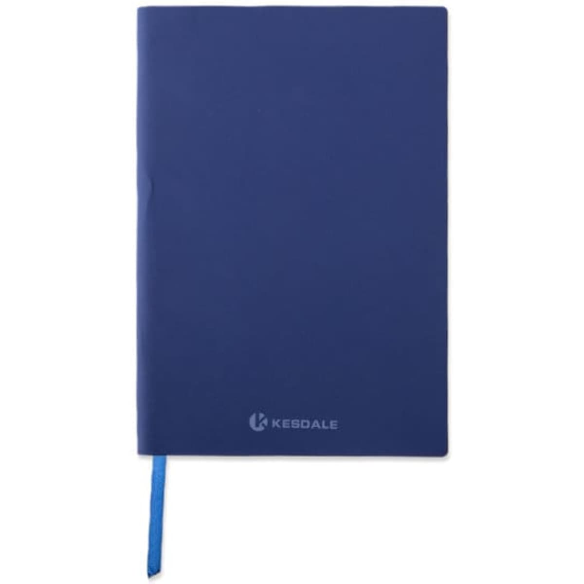 A navy blue soft PU leather cover notebook with a ribbon bookmark and a logo on the front.