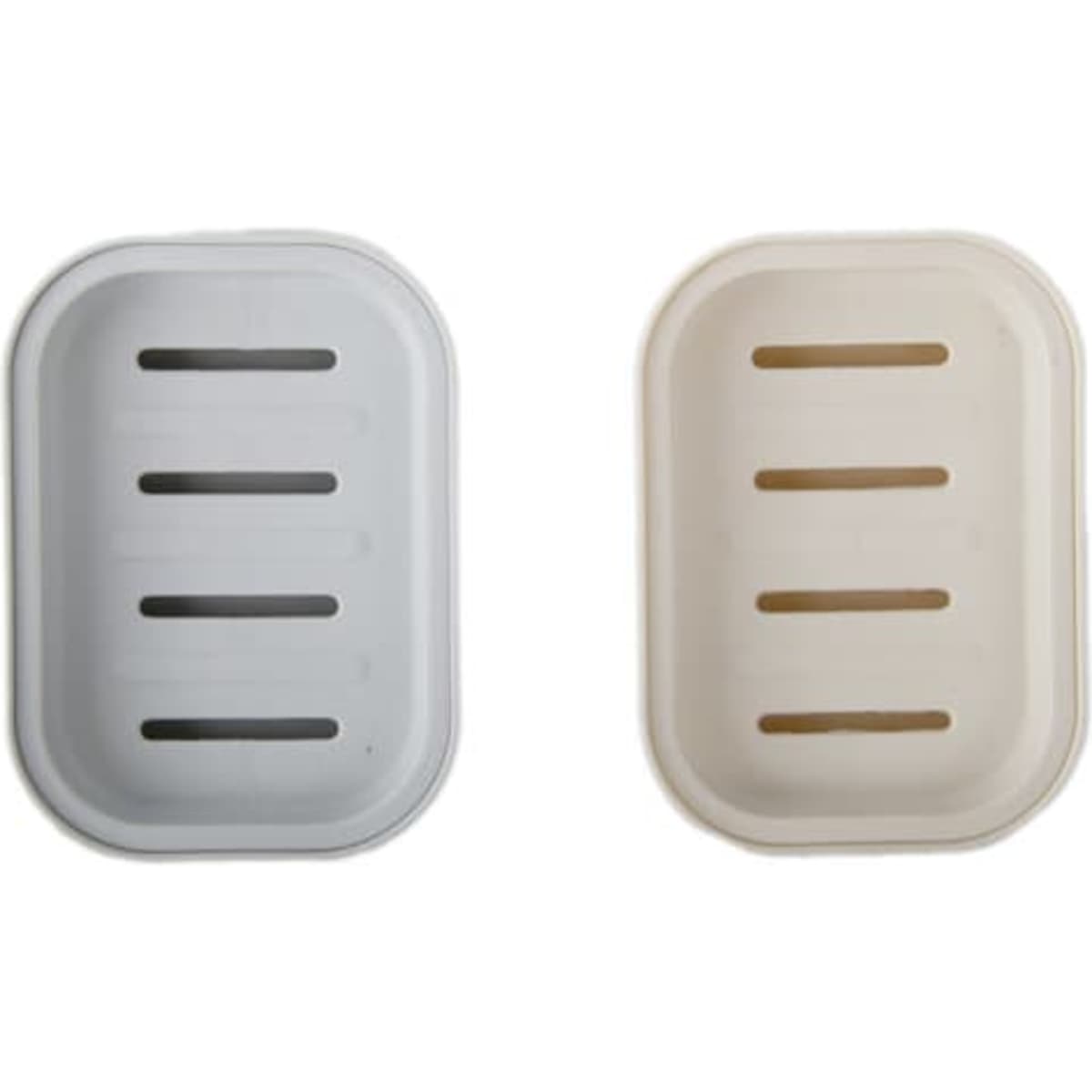A double-layer soap holder in grey and cream, featuring drainage slits for water removal. Includes branding on the surface.
