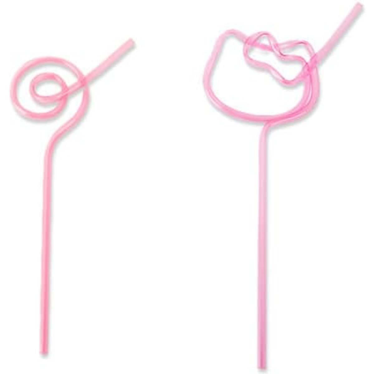 Two reusable plastic spiral straws in a vibrant pink colour, featuring unique spiral designs. The image includes a logo.