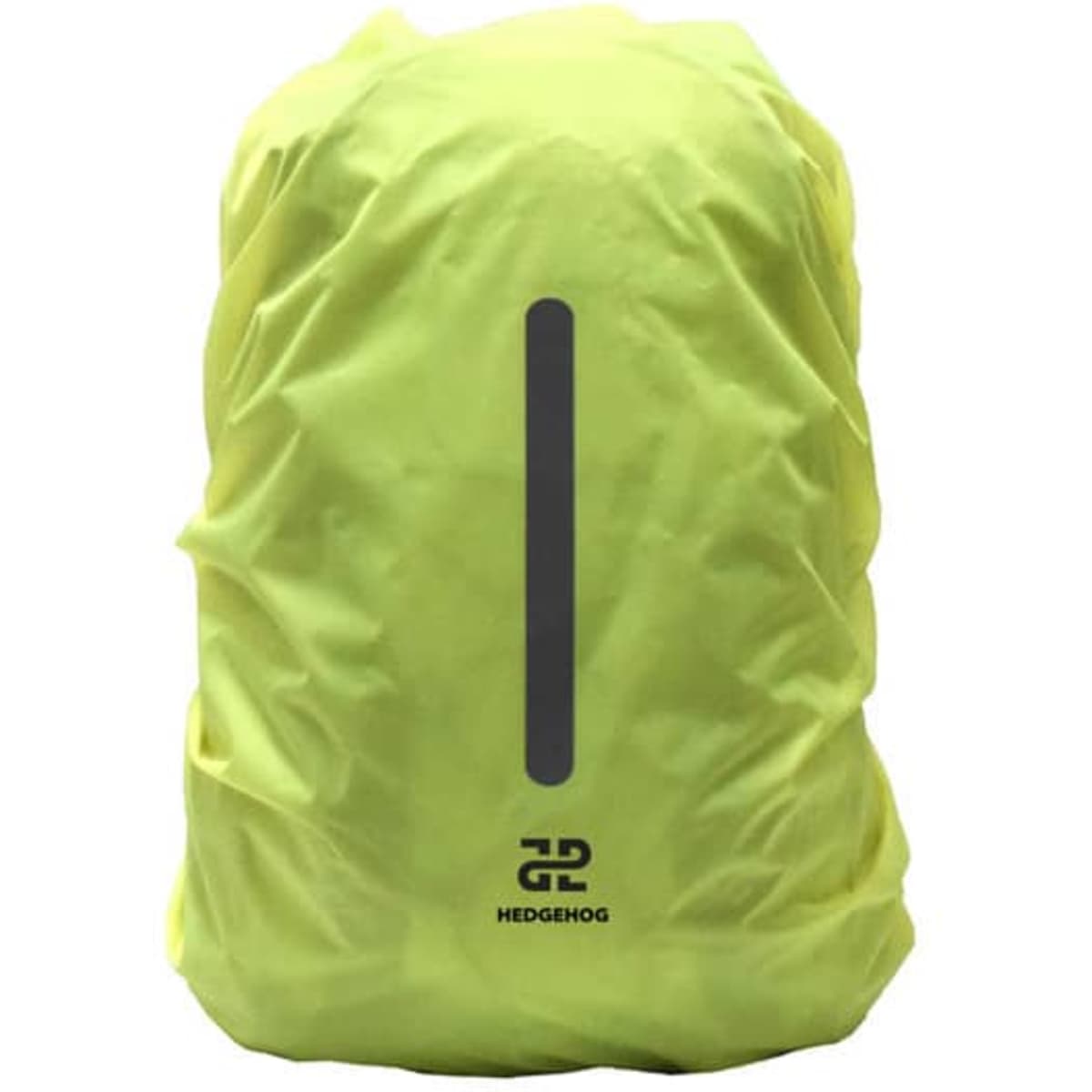 A bright yellow backpack rain cover featuring a reflective strip and a logo at the bottom.