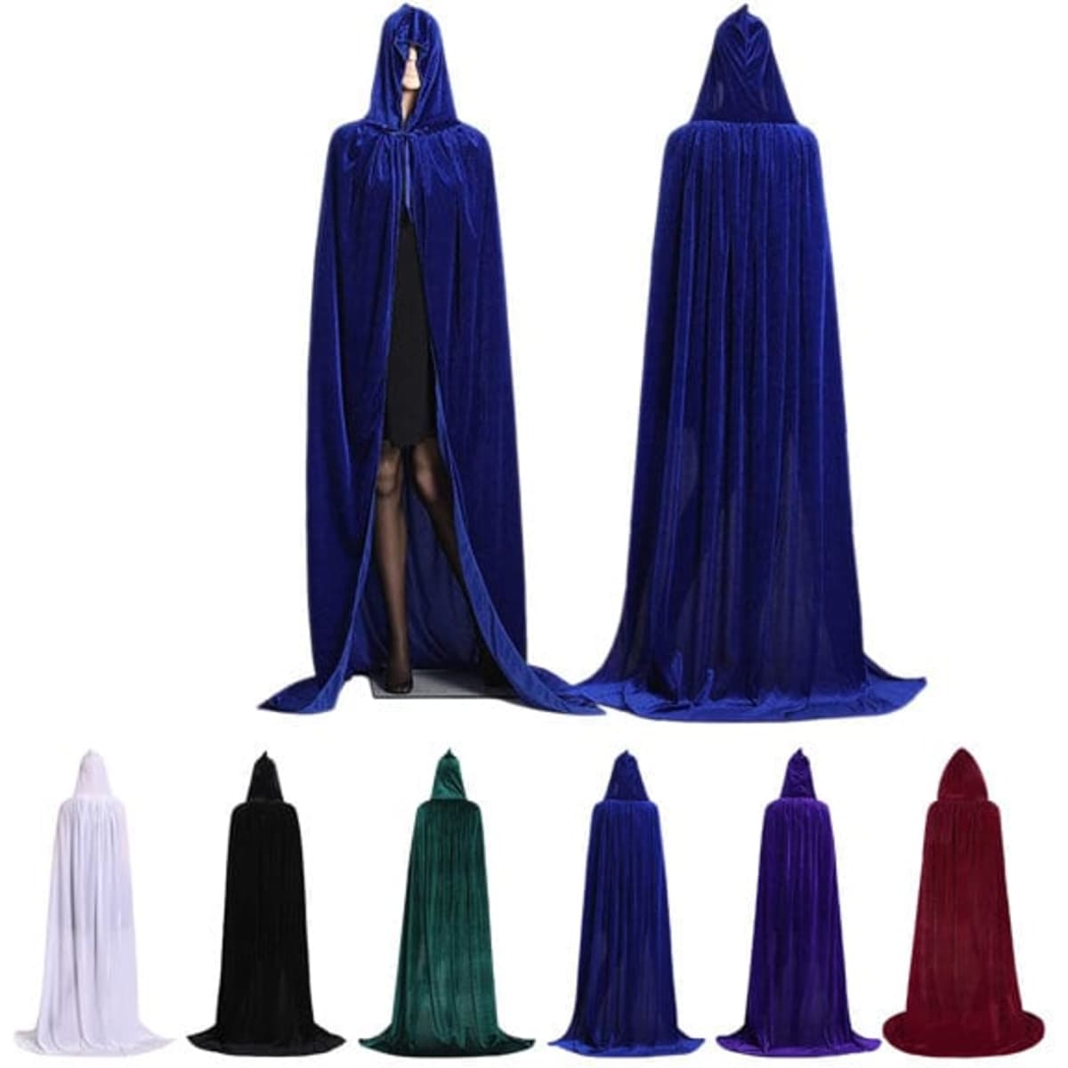 A selection of unisex Halloween cloaks in blue, black, green, red, purple, and white, featuring hoods and a velvety texture.