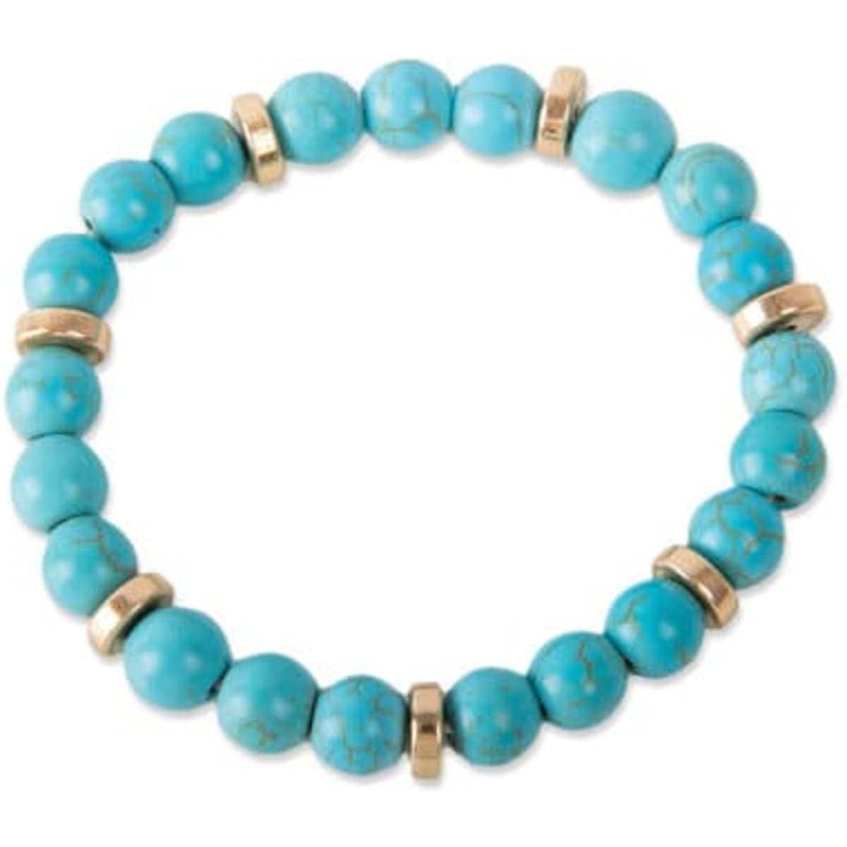 A vintage turquoise bead bracelet featuring round turquoise beads and gold-toned spacers.