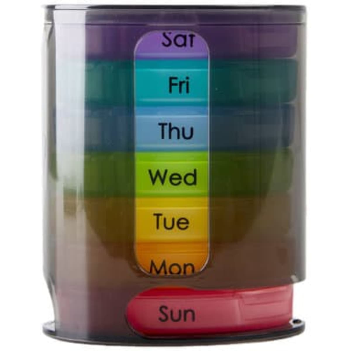 A stackable daily pill organizer in shades of purple, green, blue, yellow, orange, and red, featuring labels for each day of the week.