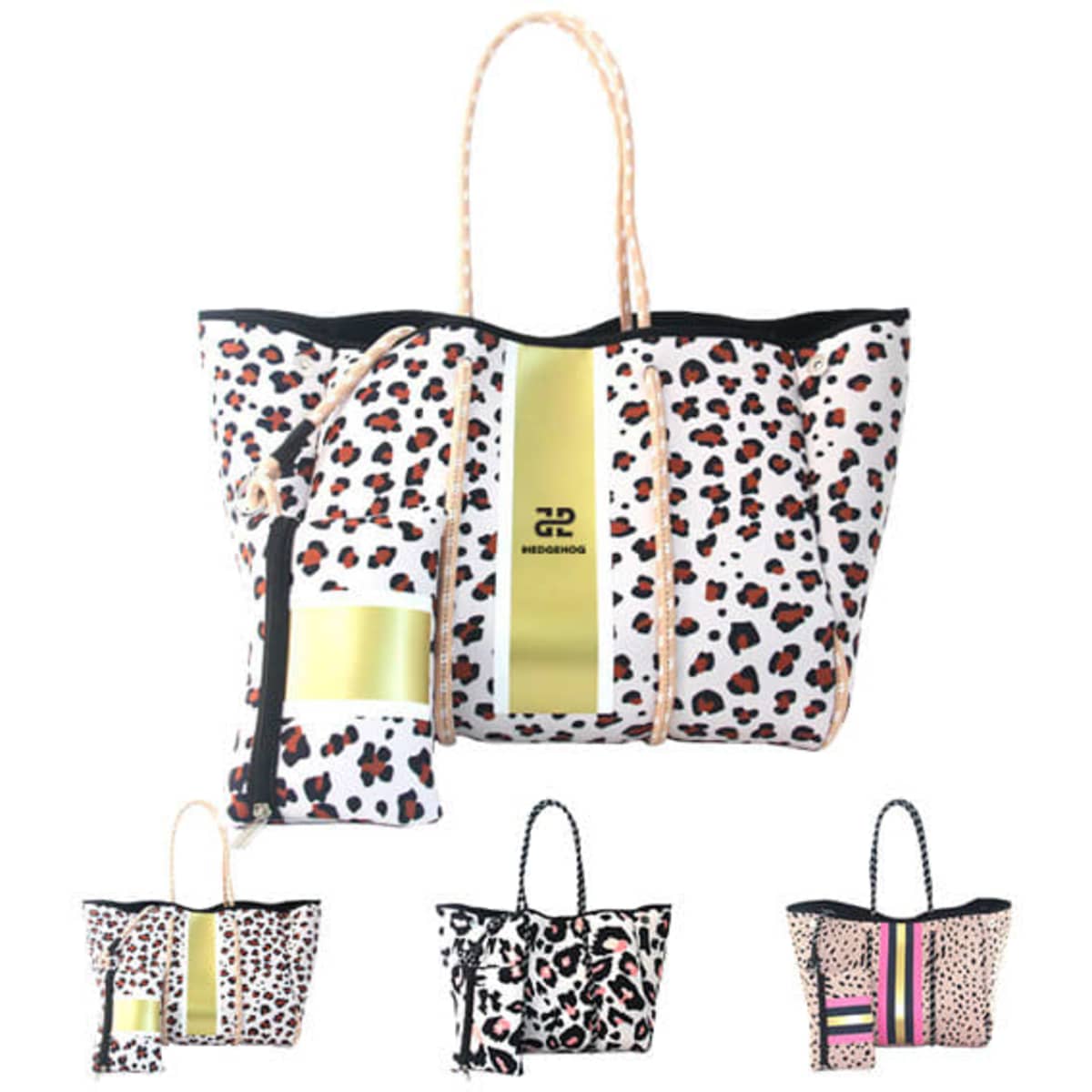 A large neoprene tote bag featuring a leopard print design with gold accents and a matching pouch.