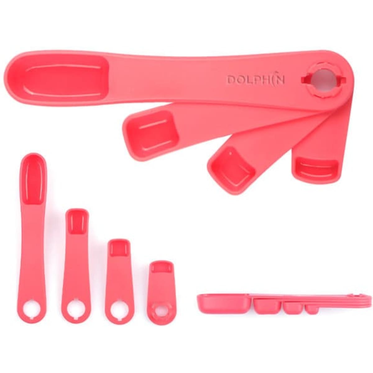 Four pieces of red plastic measuring spoons in various sizes, featuring a logo.