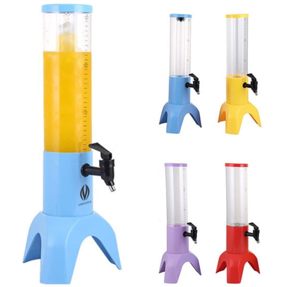 A drink tower features a clear container with measuring markings, available in blue, yellow, purple, and red. It has a tap for dispensing.