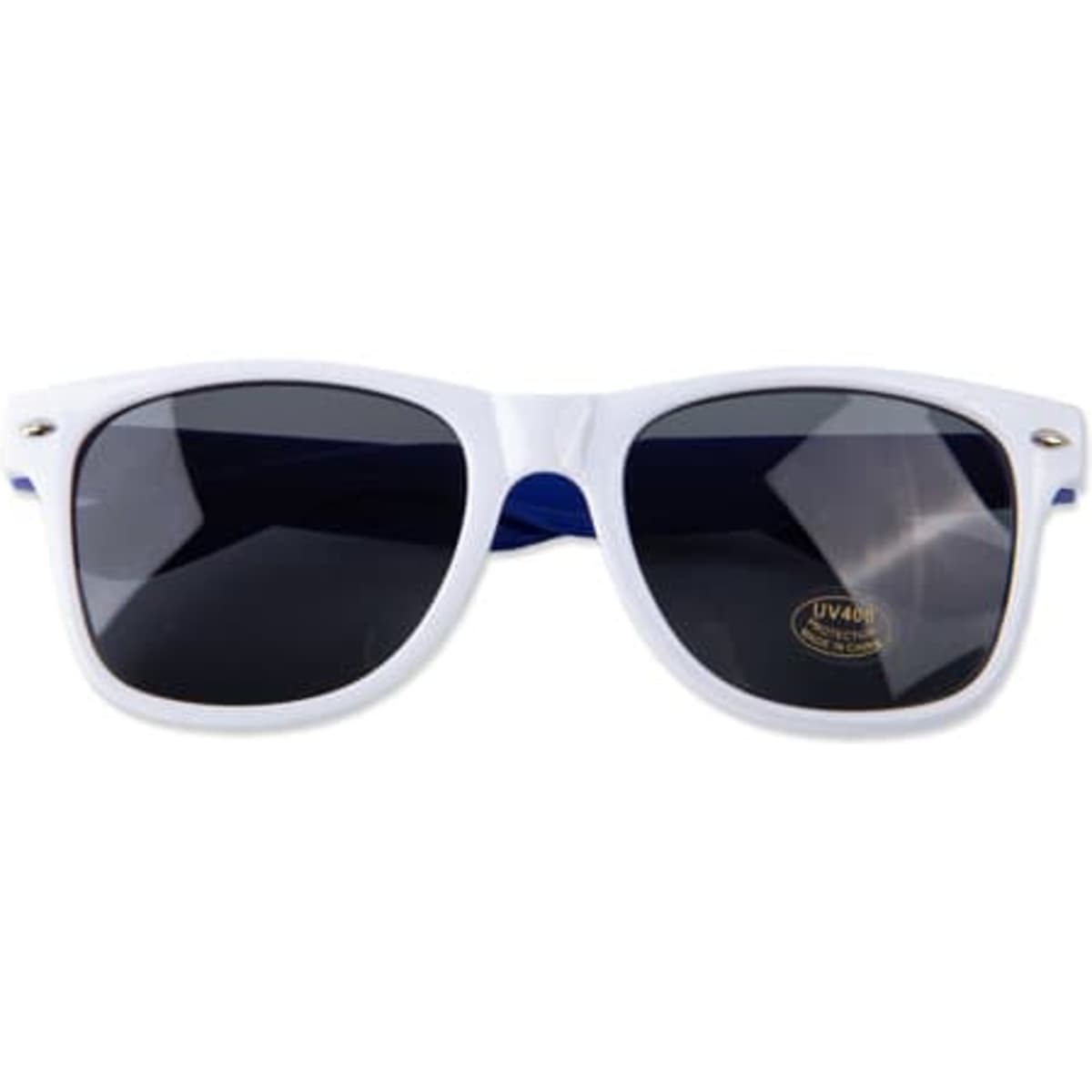 White frame sunglasses with dark lenses, featuring a glossy finish and a logo on the side.