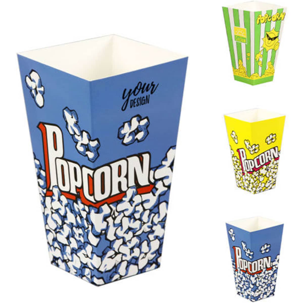 A square paper popcorn bucket in blue with a popcorn design, featuring space for custom branding.