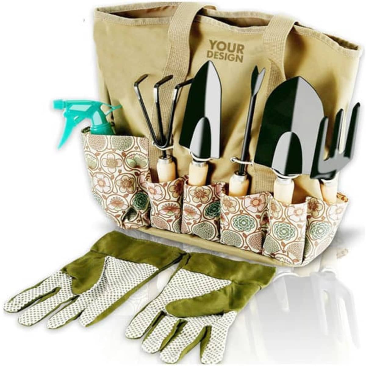 A garden tool set with a beige bag, featuring metal tools, a spray bottle, and green gloves with a patterned design.