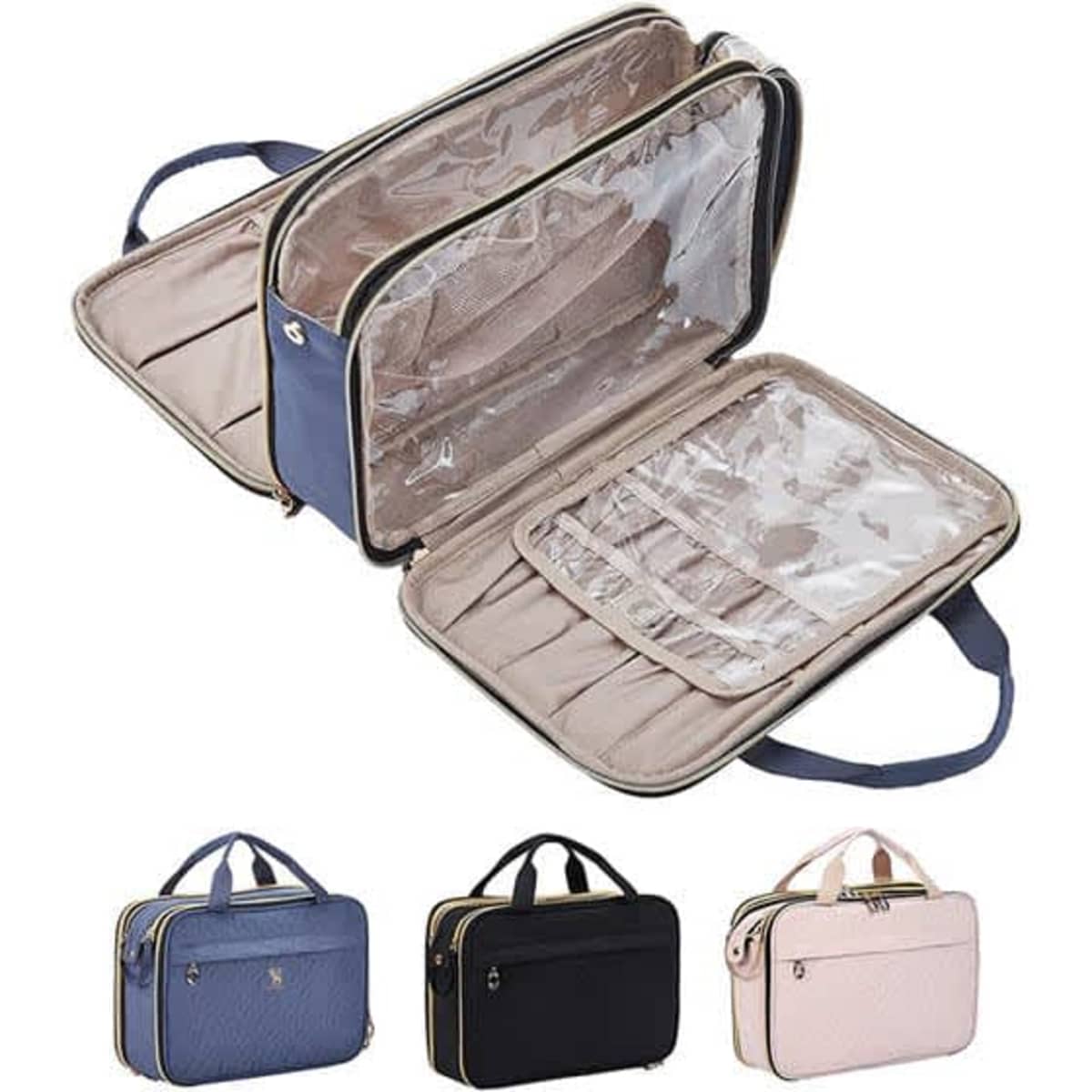 A waterproof cosmetic bag in navy, black, and pink with brush storage and transparent compartments.