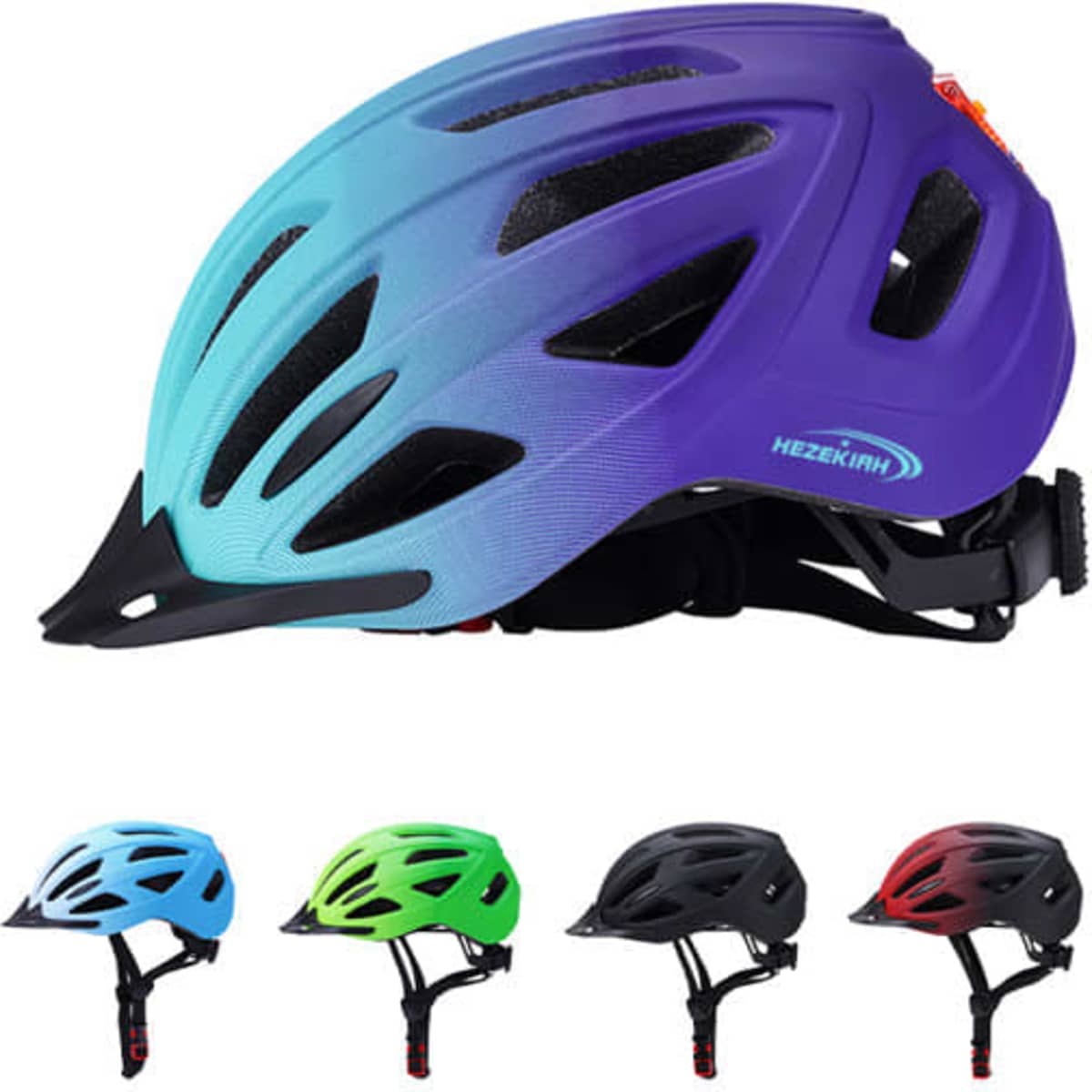 A lightweight bike helmet in blue and purple gradient, featuring a black strap and ventilation holes. Includes a rear light.