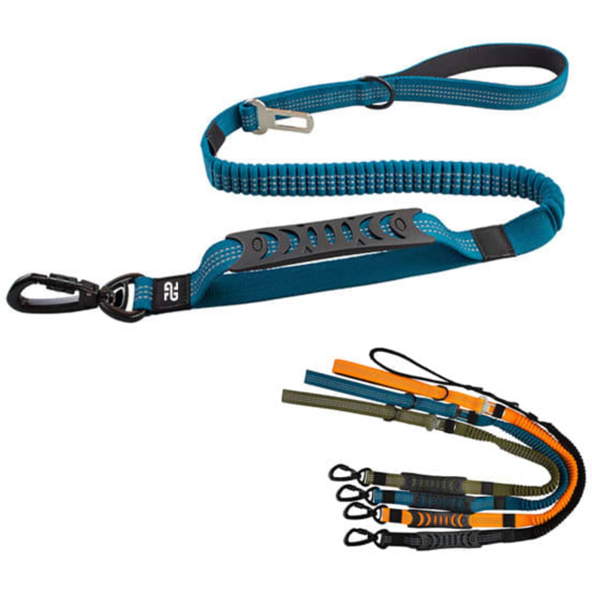 A reflective pet car seat leash in teal with a bungee section, featuring multiple attachment points and a variety of colours.