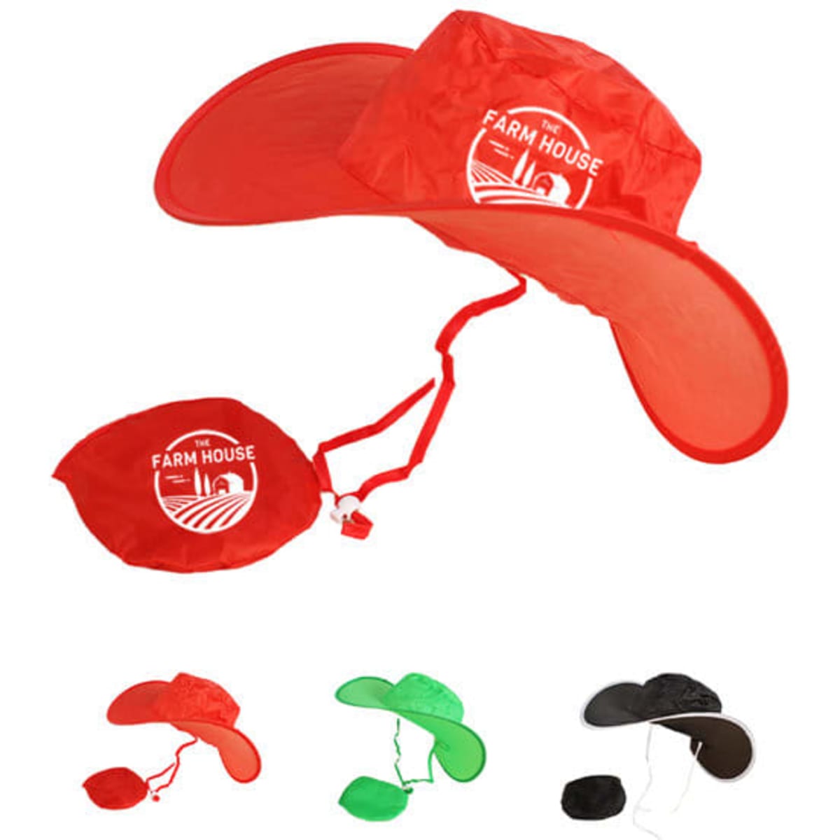 A custom nylon foldable cowboy hat in red, featuring a logo, with a wide brim and a drawstring for secure fit.