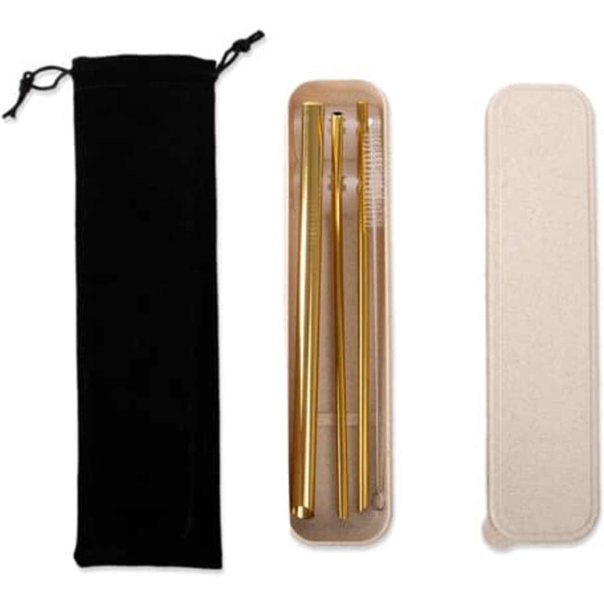 A stainless steel straw set in gold, featuring two straws, a cleaning brush, and a black pouch for storage.