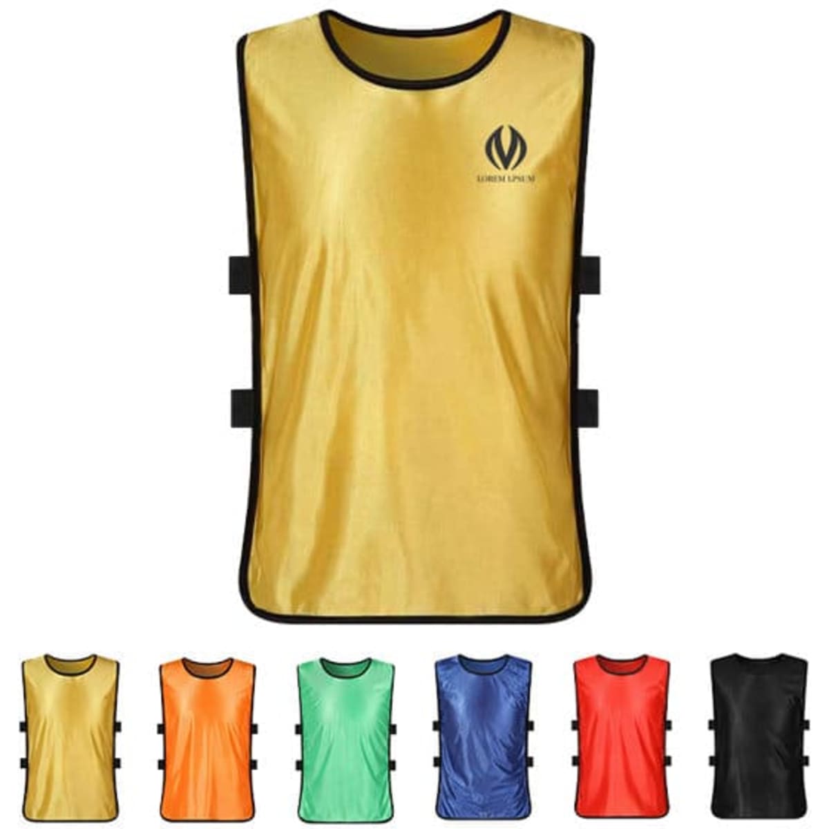 A custom scrimmage training vest in yellow, featuring a logo, with options in orange, green, blue, red, and black below.