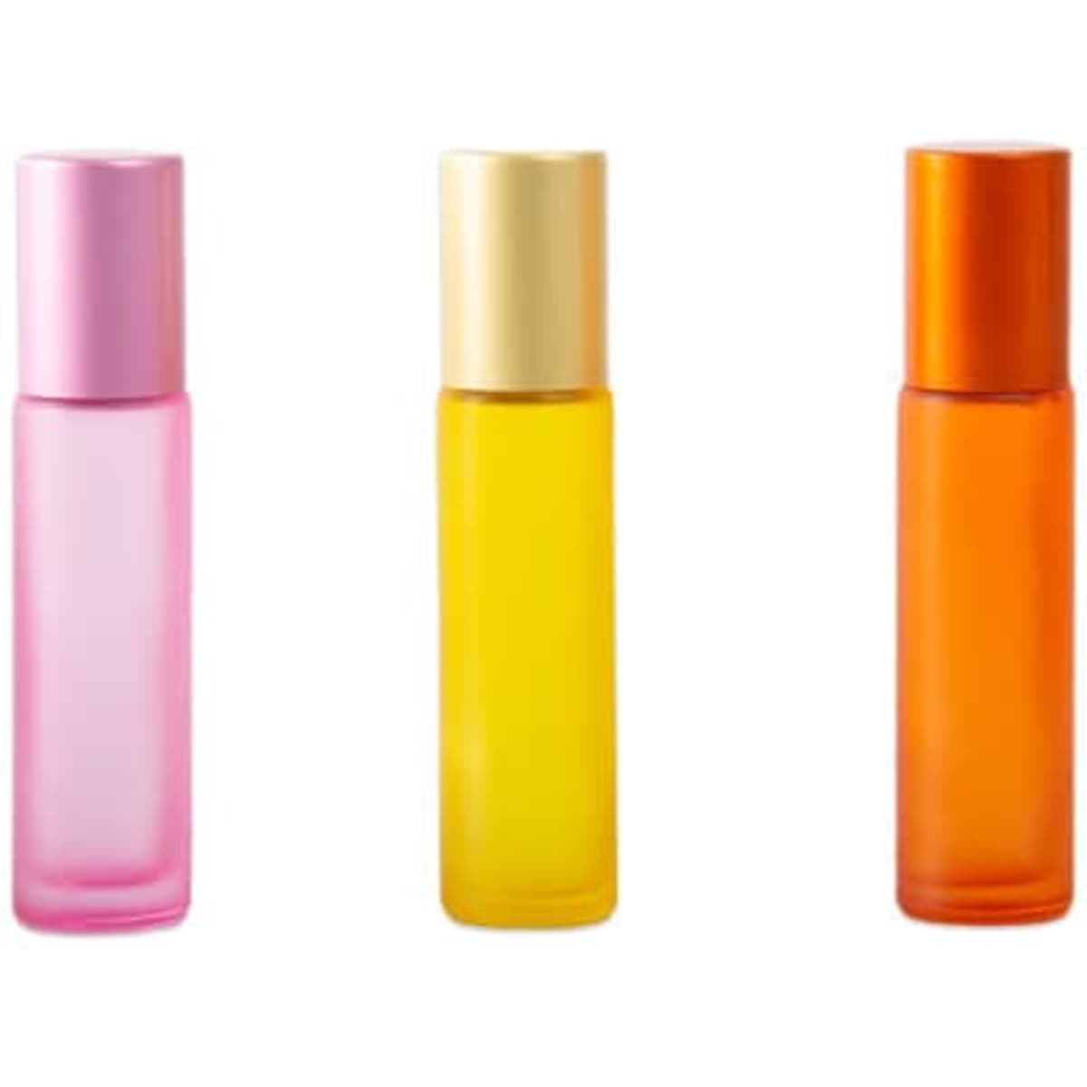 Three 10ml frosted roll-on oil bottles in pink, yellow, and orange, each with a matching cap.