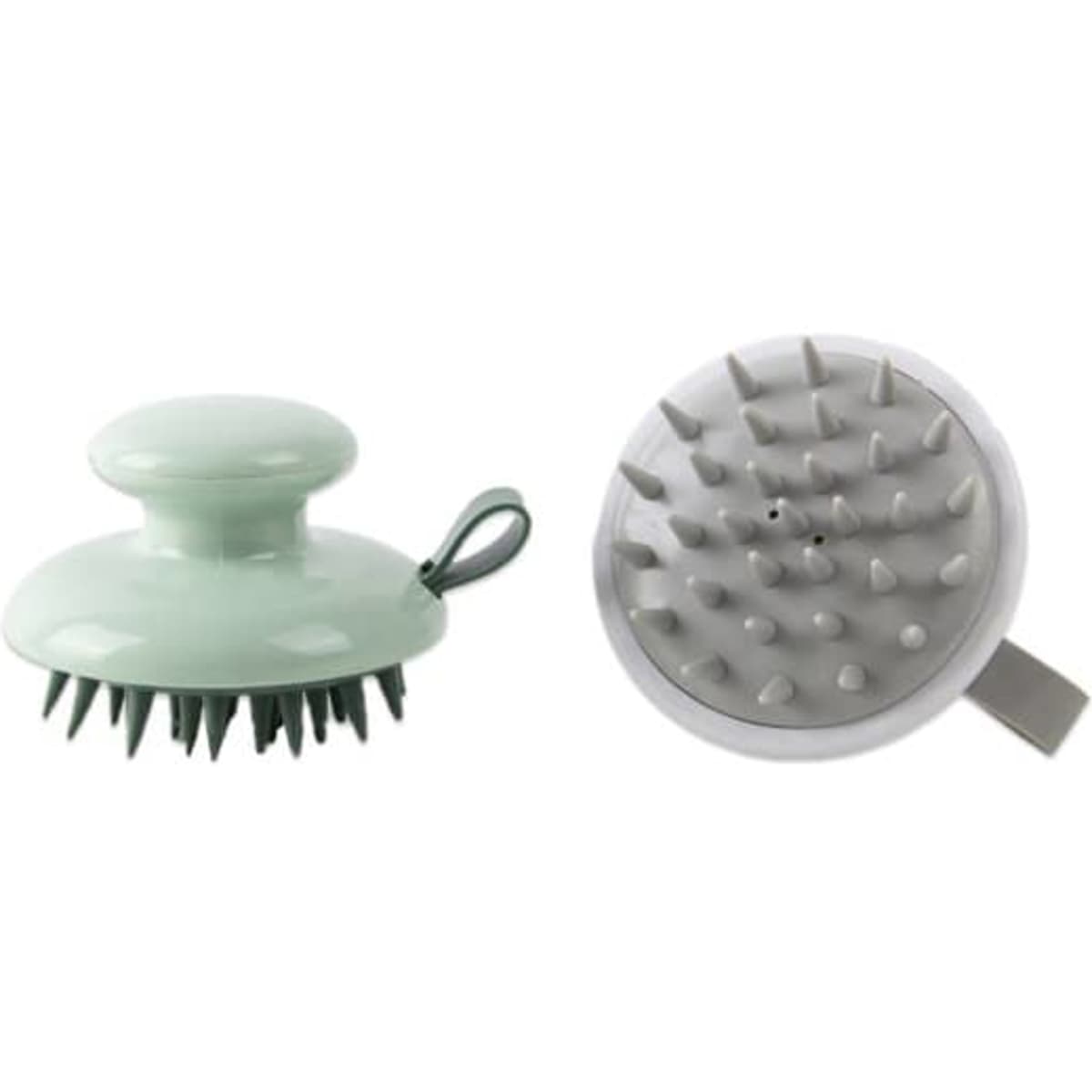 A silicone scalp shampoo brush with a handle, featuring a mint green top and grey bristles.