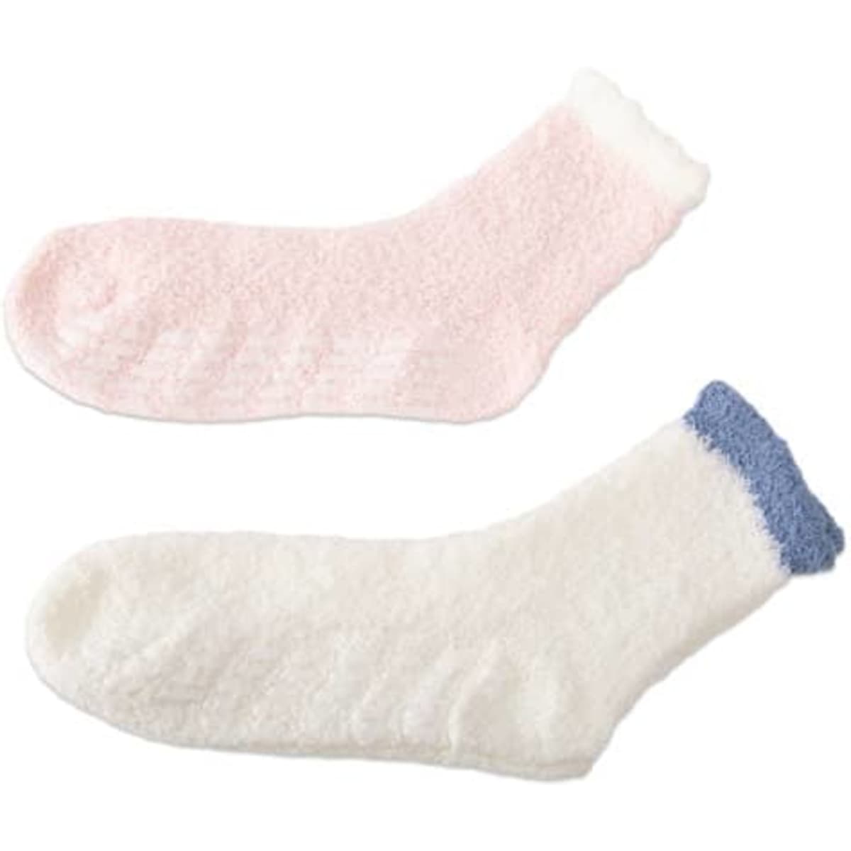 Two pairs of cosy crew socks in pink and white with blue accents, featuring a fuzzy texture and anti-skid design.