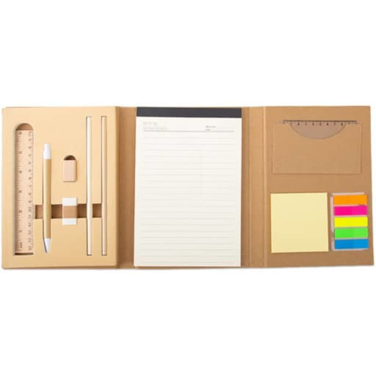 A tri-fold note memo pad in a beige cover with a pen, ruler, sticky notes, and lined writing paper inside.