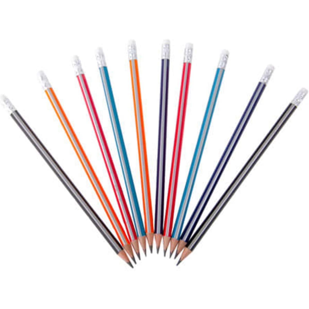 A set of 12 pre-sharpened wooden pencils in various colours with erasers, arranged in a fan shape.