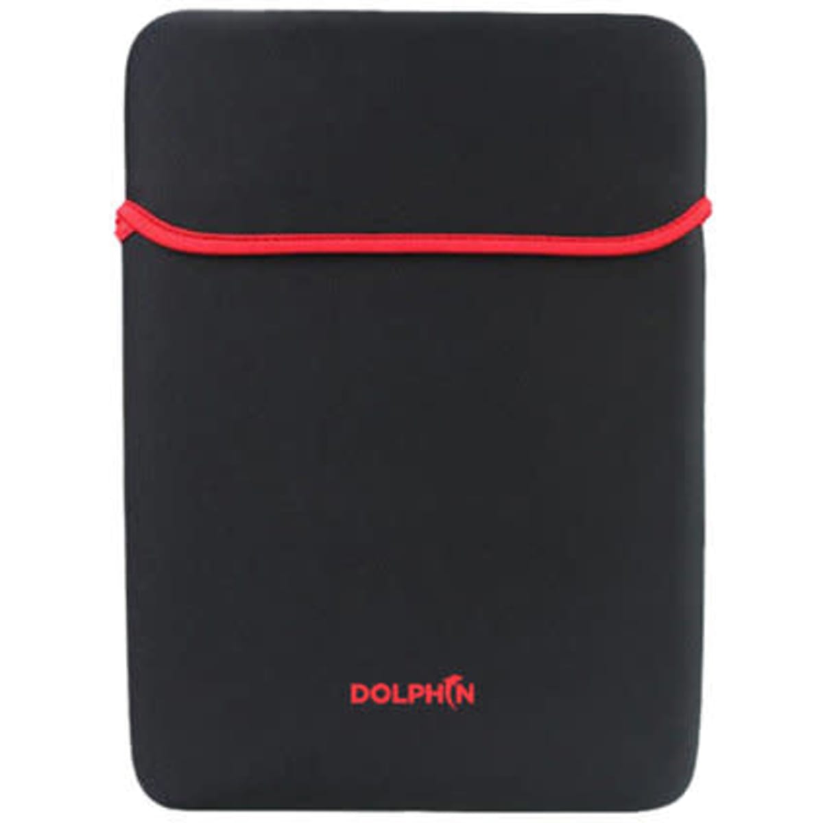 A neoprene laptop sleeve in black with a red zipper, featuring a logo at the bottom.