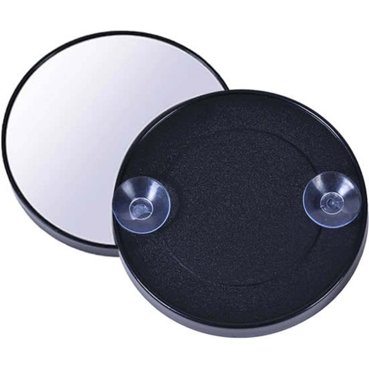 A magnifying mirror with a suction cup, featuring a sleek black design and a reflective glass surface.