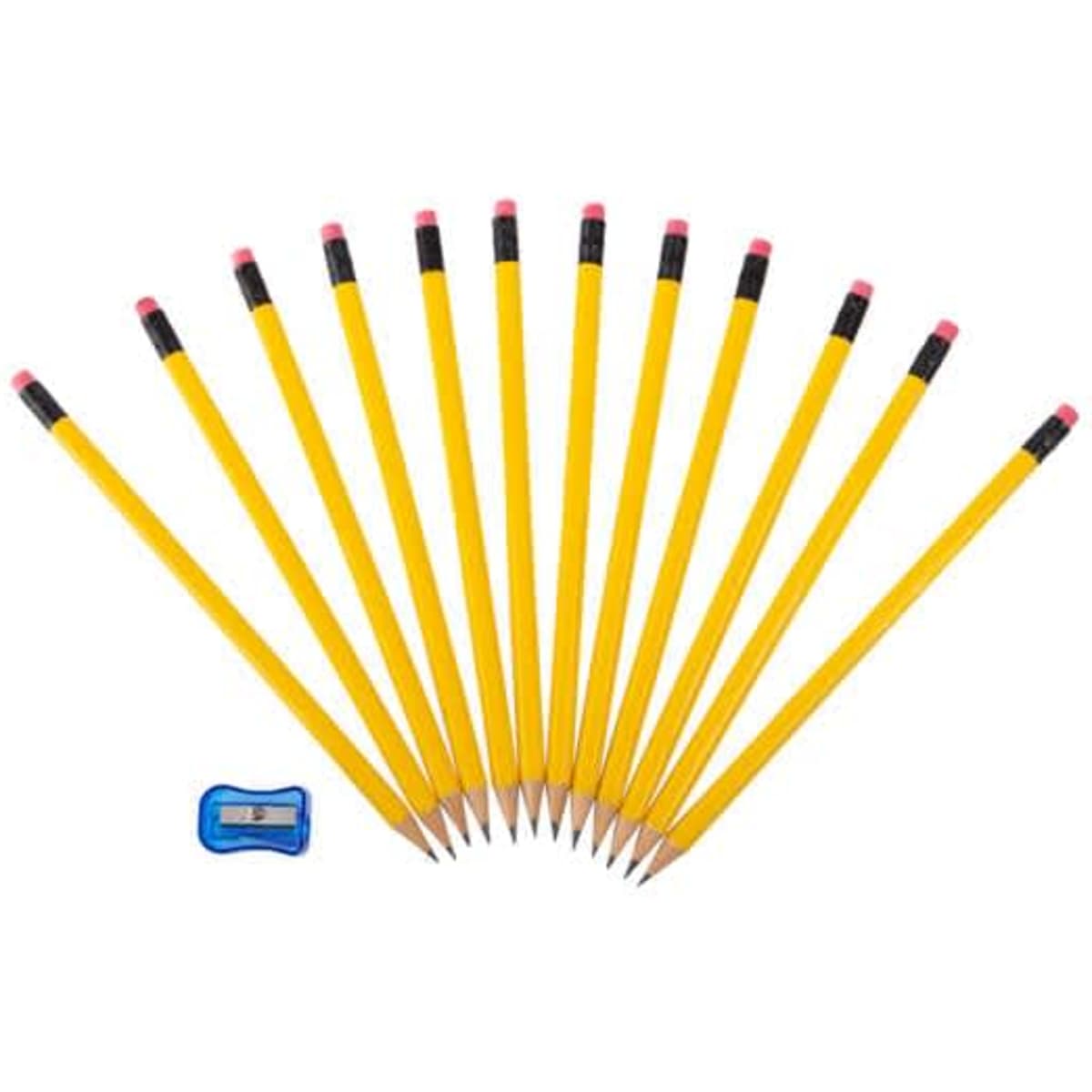 A set of 12 yellow wooden pencils with pink erasers and a sharpener.