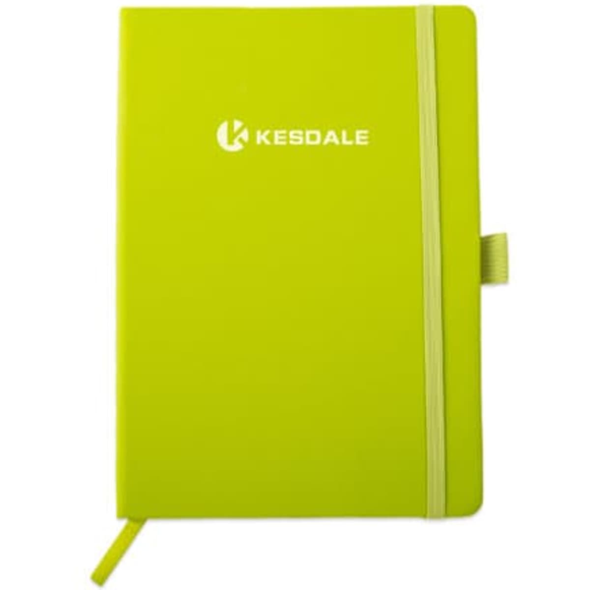 A5 PU leather notebook in bright green with a pen loop and branded logo on the cover.