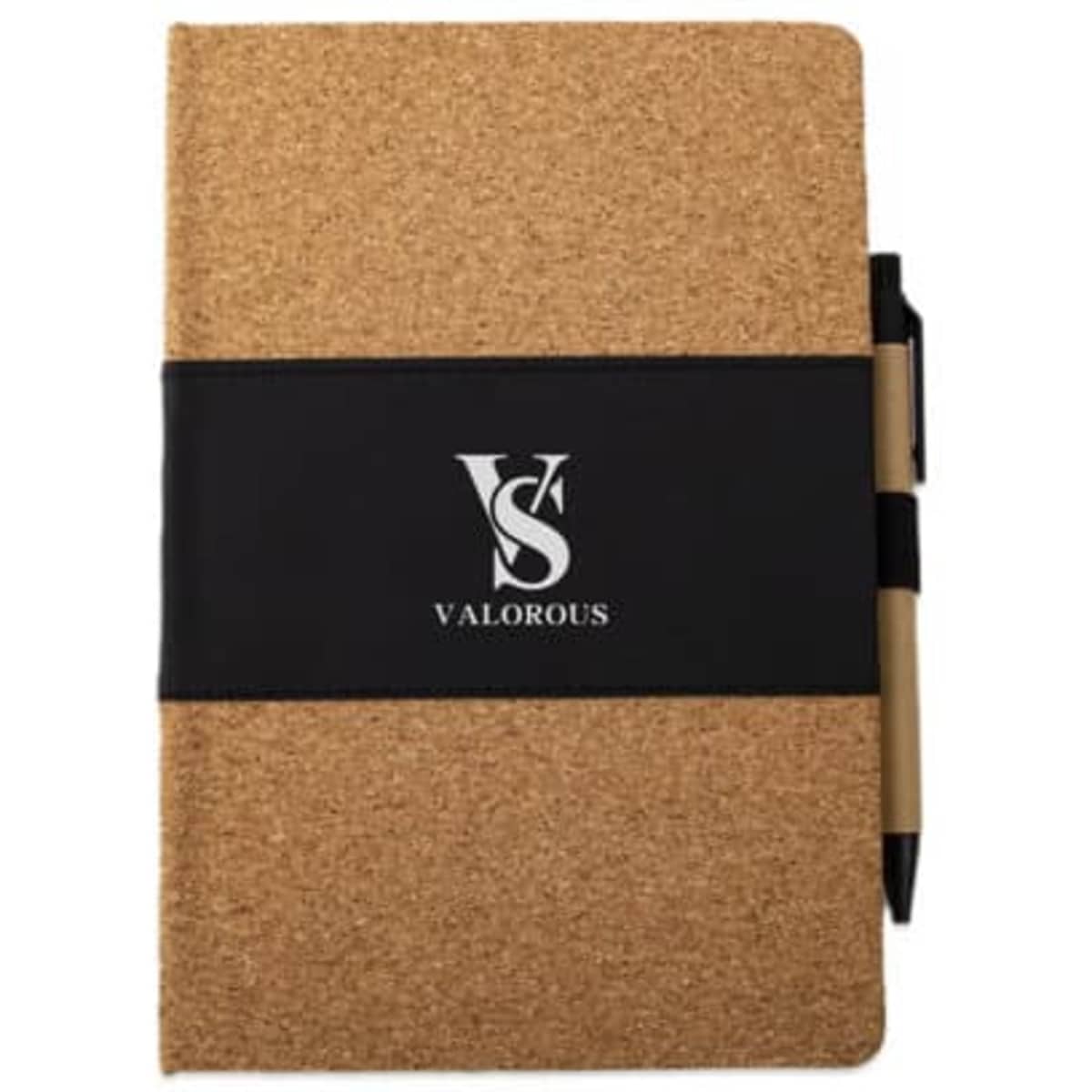 A cork A5 notebook featuring a black band and a pen holder, with a logo on the front.