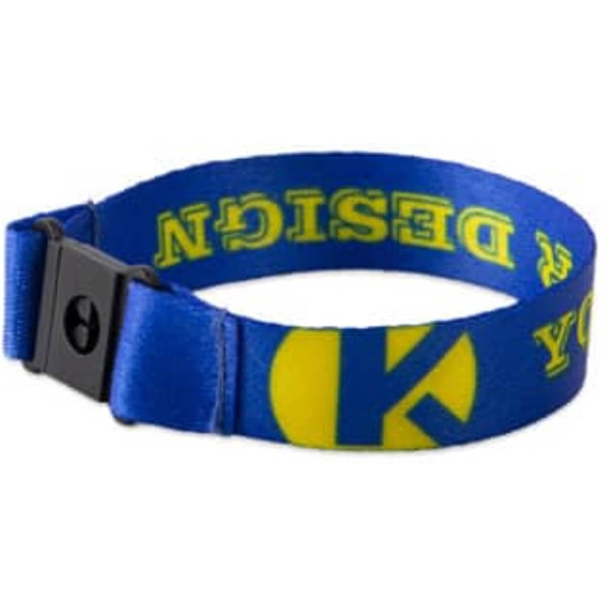 A blue polyester wristband featuring a buckle and a logo in yellow. Suitable for events and exhibitions.