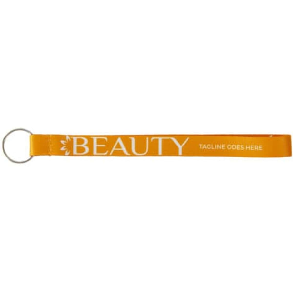An orange polyester wrist lanyard keychain with a split ring, featuring a logo and text.