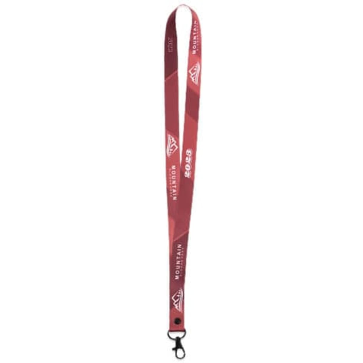 A red lanyard featuring a keychain holder and a logo, designed for events and exhibitions.